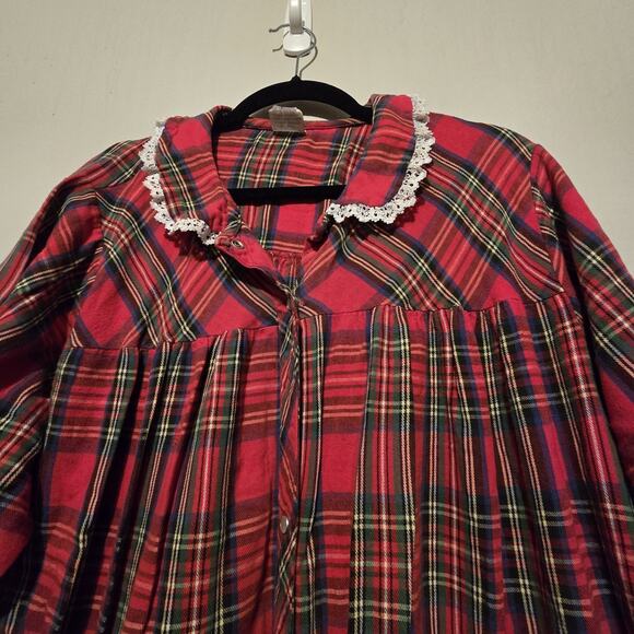 Vintage 70s 80s Carole Plaid Flannel Nightgown Women 1X Red USA Pearl Snap Lace - Picture 4 of 12